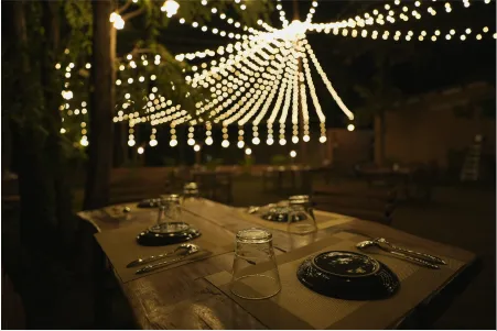 Dinner table under strings of lights at night